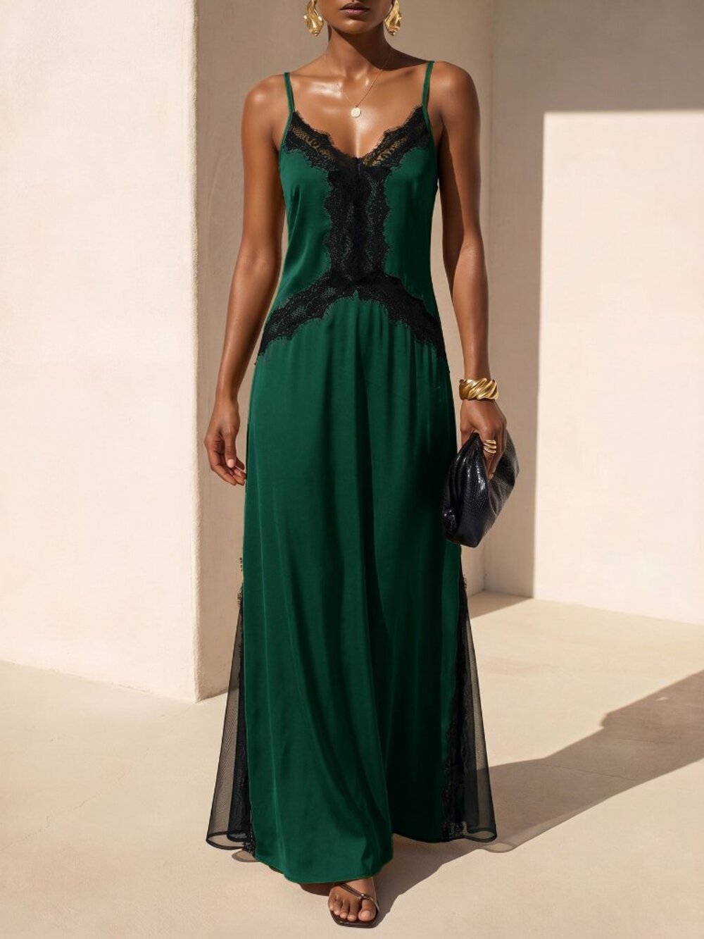Dark Green Casual Women's Contrast Lace Elegant Spaghetti Strap Long Dress